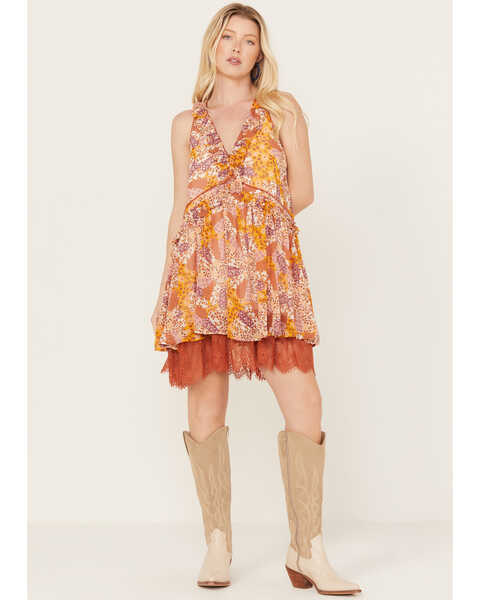Miss Me Women's Floral Print Lace Sleeveless Mini Dress, Orange, hi-res