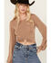 Image #2 - Rock & Roll Denim Women's Metal Ring Long Sleeve Cropped Top, Tan, hi-res