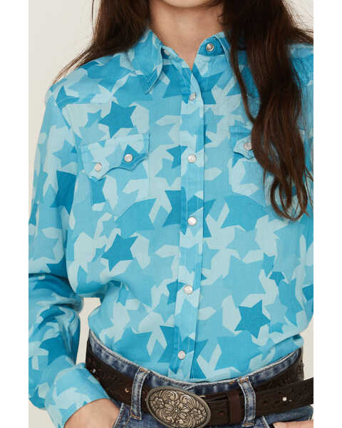 Image #3 - Roper Girls' Rodeo Star Printed Western Snap Shirt, Blue, hi-res