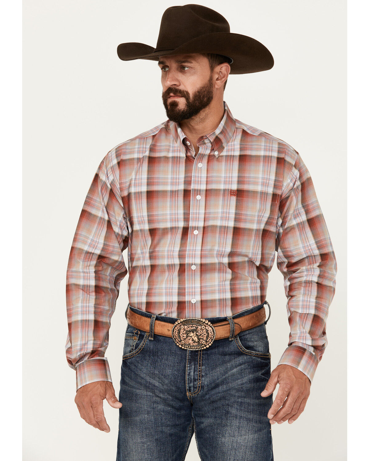Image #1 - Cinch Men's Plaid Print Long Sleeve Button-Down Western Shirt, Red, hi-res