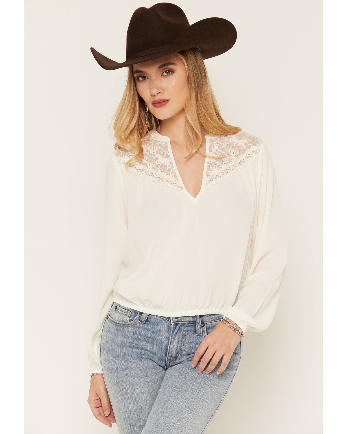 Idyllwind Women's Wren Lace Trim Long Sleeve Georgette Top, Cream, hi-res