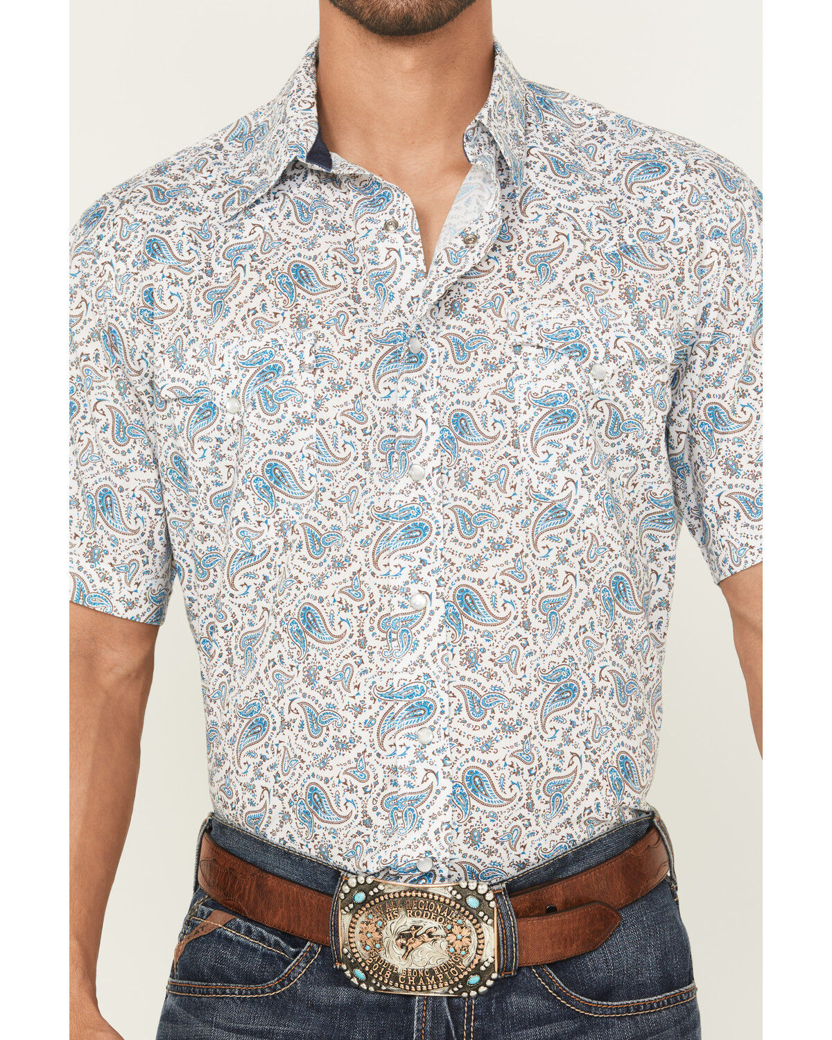 Image #3 - Roper Men's West Made Paisley Print Short Sleeve Pearl Snap Western Shirt, Cream, hi-res