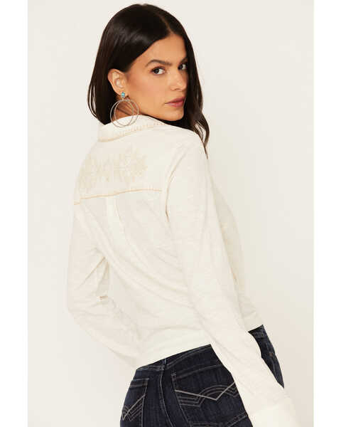 Image #4 - Idyllwind Women's Embroidered Tie Front Knit Long Sleeve Western Pearl Snap Shirt, Ivory, hi-res