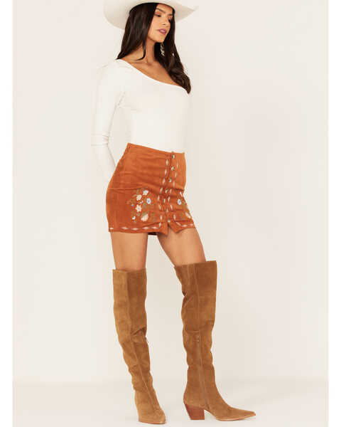 Image #1 - Shyanne Women's Faux Suede Floral Button Front Southwestern Mini Skirt, Brown, hi-res