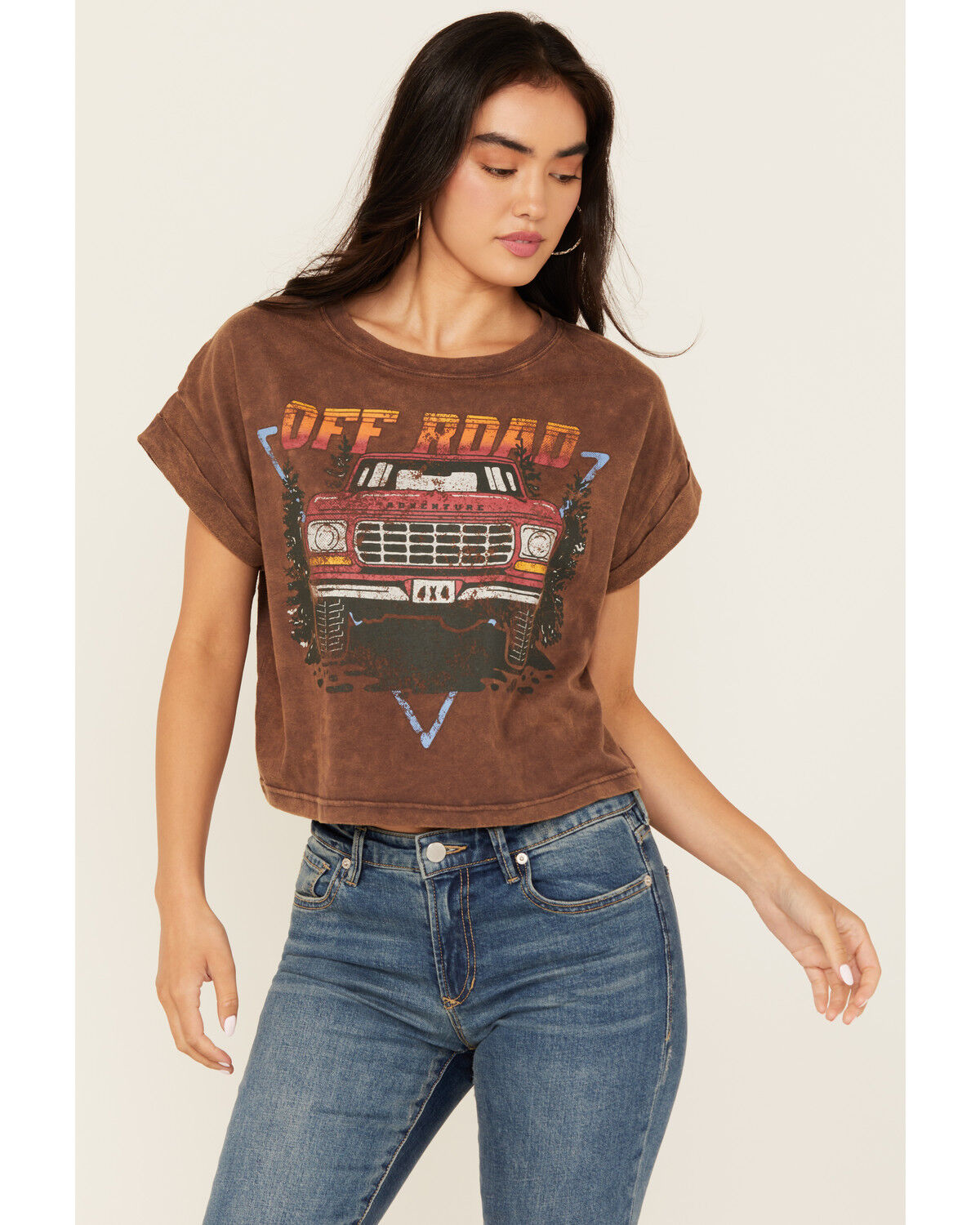 Image #1 - Cleo + Wolf Women's Off Rolled Sleeve Cropped Graphic Tee, Brown, hi-res