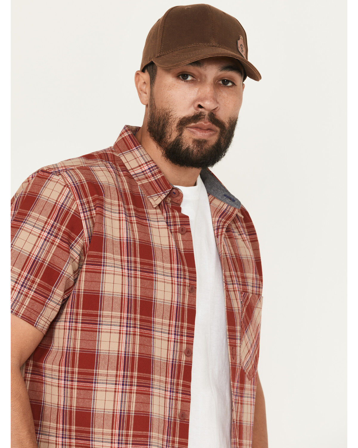 Image #2 - Brothers and Sons Men's Amador Plaid Print Short Sleeve Button-Down Western Shirt, Dark Red, hi-res