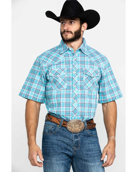 Wrangler 20X Men's Advanced Comfort Plaid Long Sleeve Western Shirt , Light Blue, hi-res