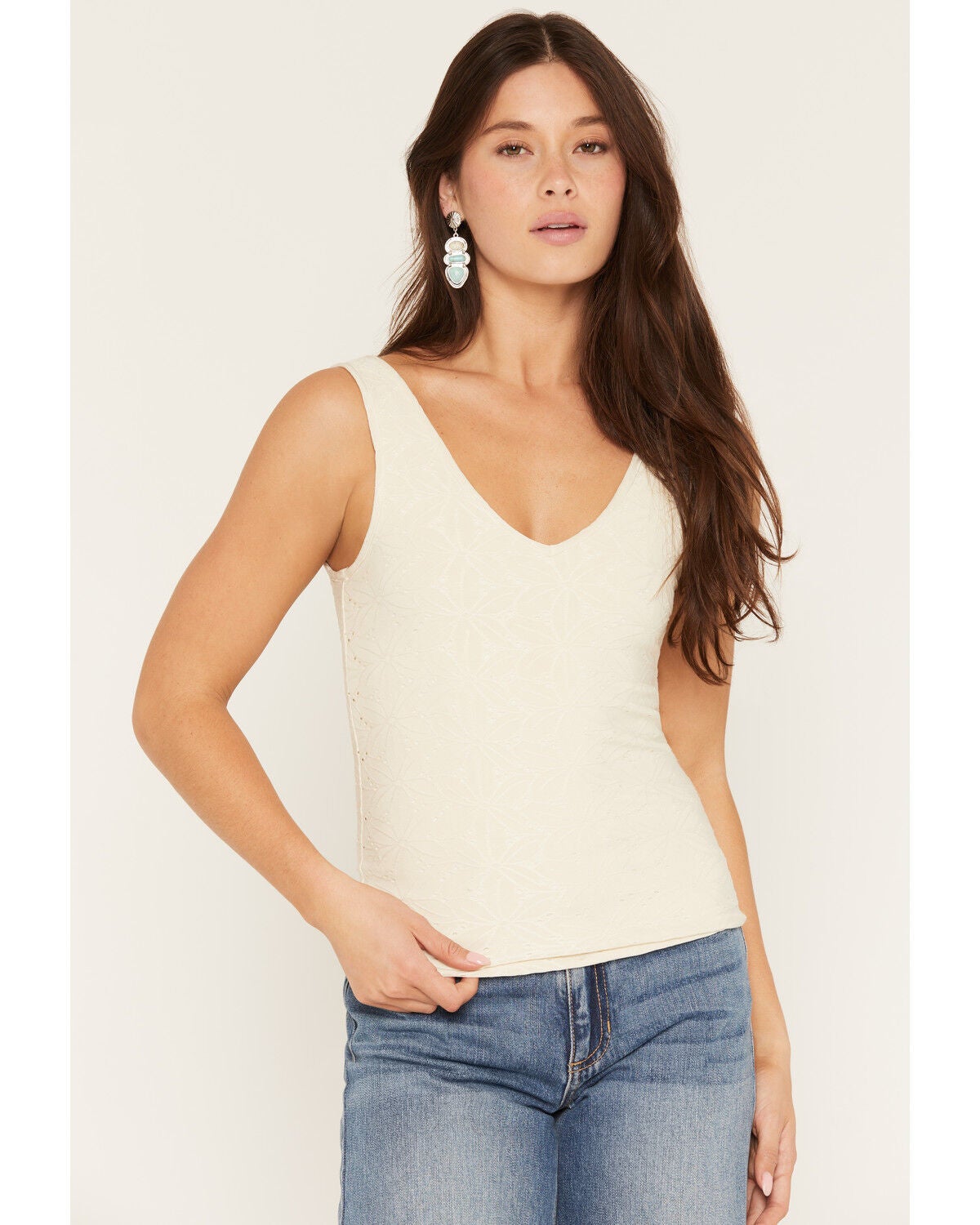 Image #1 - Rock & Roll Denim Women's Eyelet Tank Top, Cream, hi-res