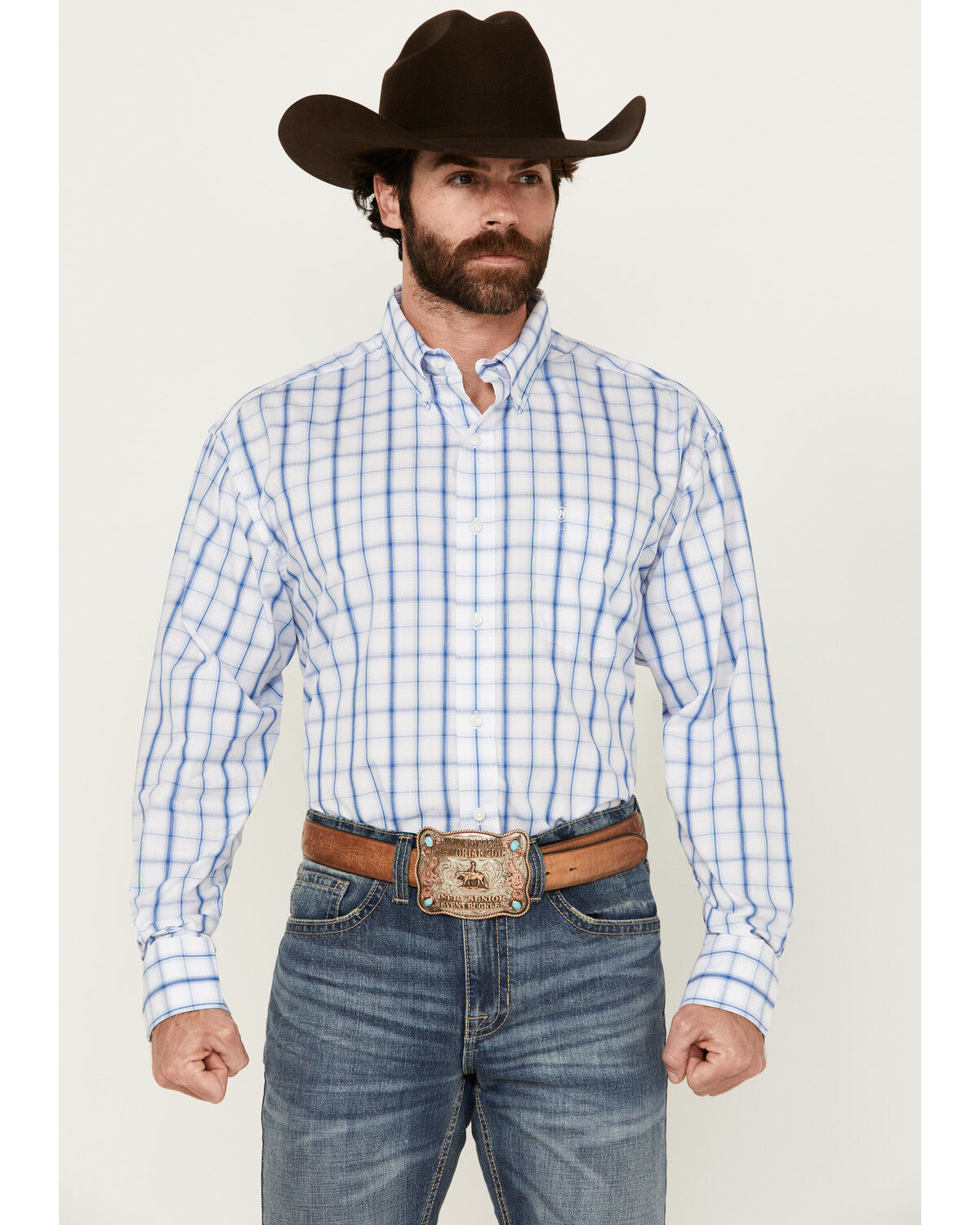 Image #1 - Wrangler Men's Plaid Print Long Sleeve Button-Down Western Shirt, Blue, hi-res