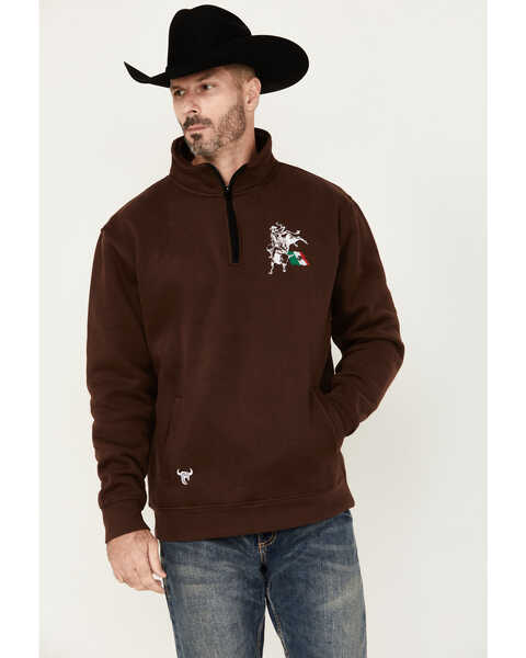 Image #1 - Cowboy Hardware Boot Barn Exclusive Men's Mexico Bull Flag Cadet 1/4 Zip Pullover , Dark Brown, hi-res