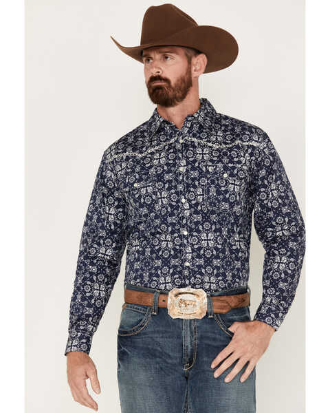 Cowboy Hardware Men's Bandana Print Long Sleeve Pearl Snap Western Shirt, Navy, hi-res