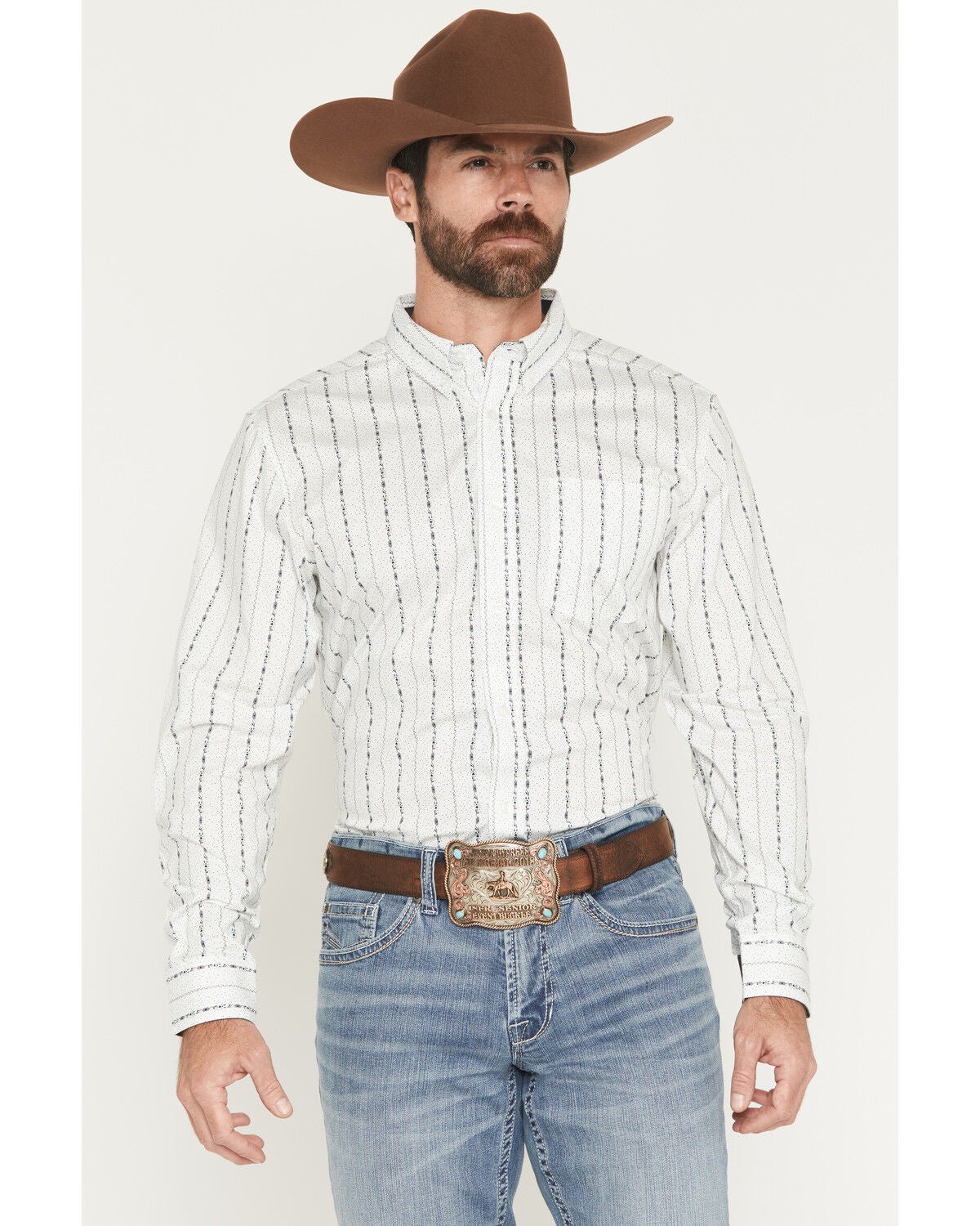 Image #1 - Cody James Men's Ranchers Legend Floral Stripe Print Long Sleeve Button-Down Stretch Western Shirt, Ivory, hi-res