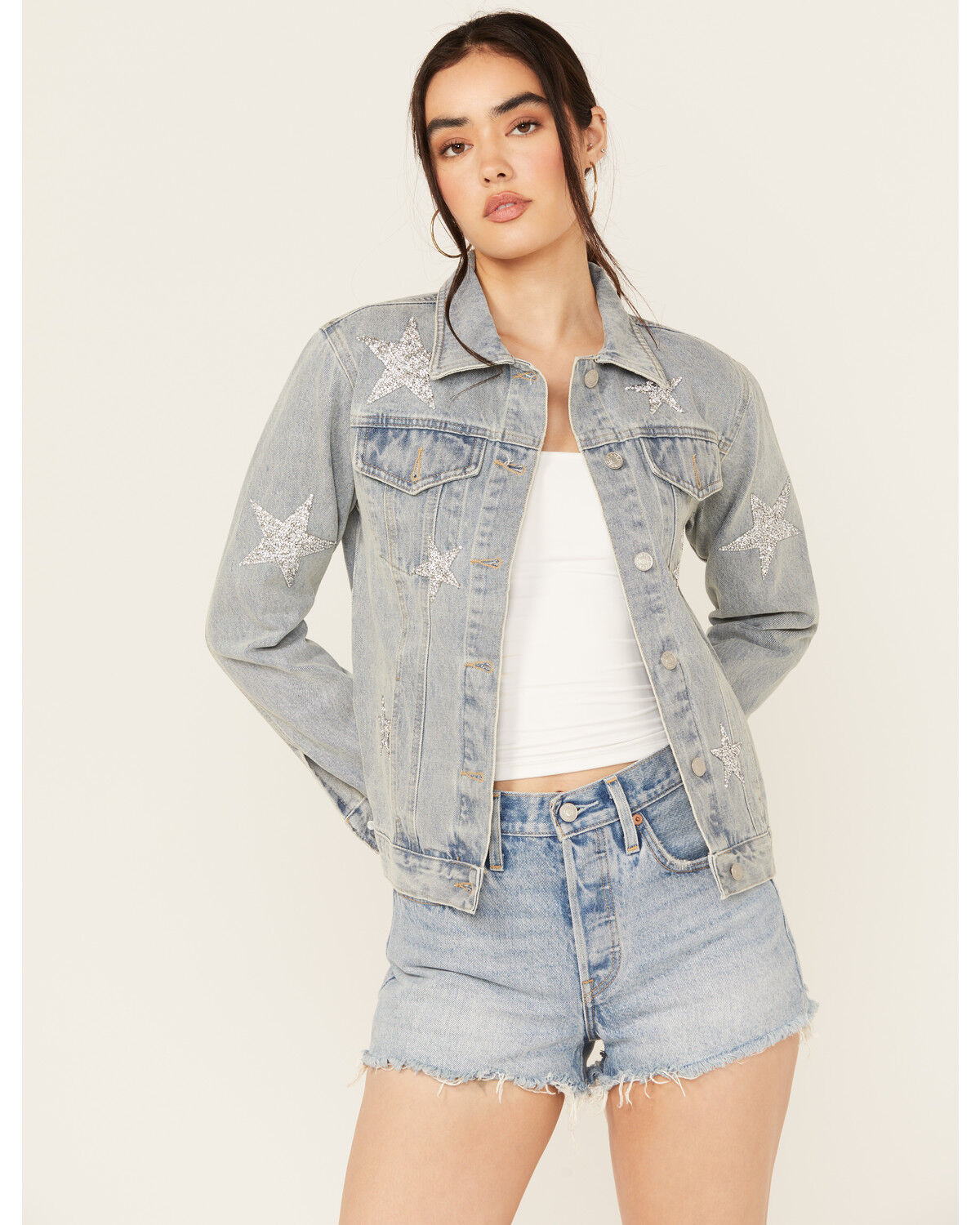 Image #1 - Blue B Women's Light Wash Embellished Star Button-Down Denim Jacket, Light Wash, hi-res