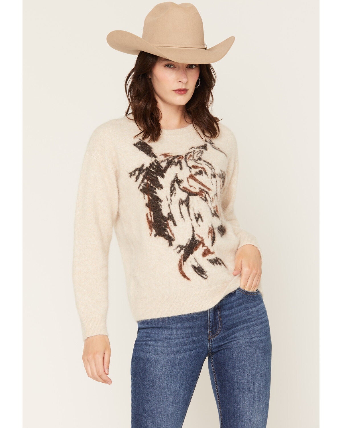 Image #1 - Shyanne Women's Sparks Fuzzy Horse Icon Sweater, Khaki, hi-res