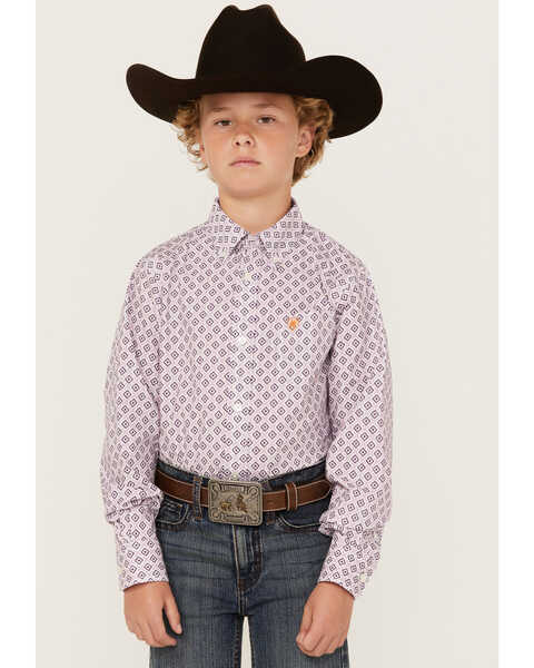 Ariat Boys' Merrick Print Classic Fit Long Sleeve Button Down Western Shirt, Light Purple, hi-res