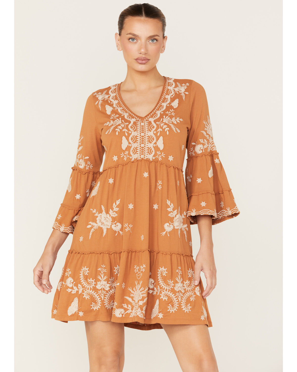Image #1 - Johnny Was Women's Arzella Floral Embroidered Knit Easy Tiered Mini Dress, Rust Copper, hi-res