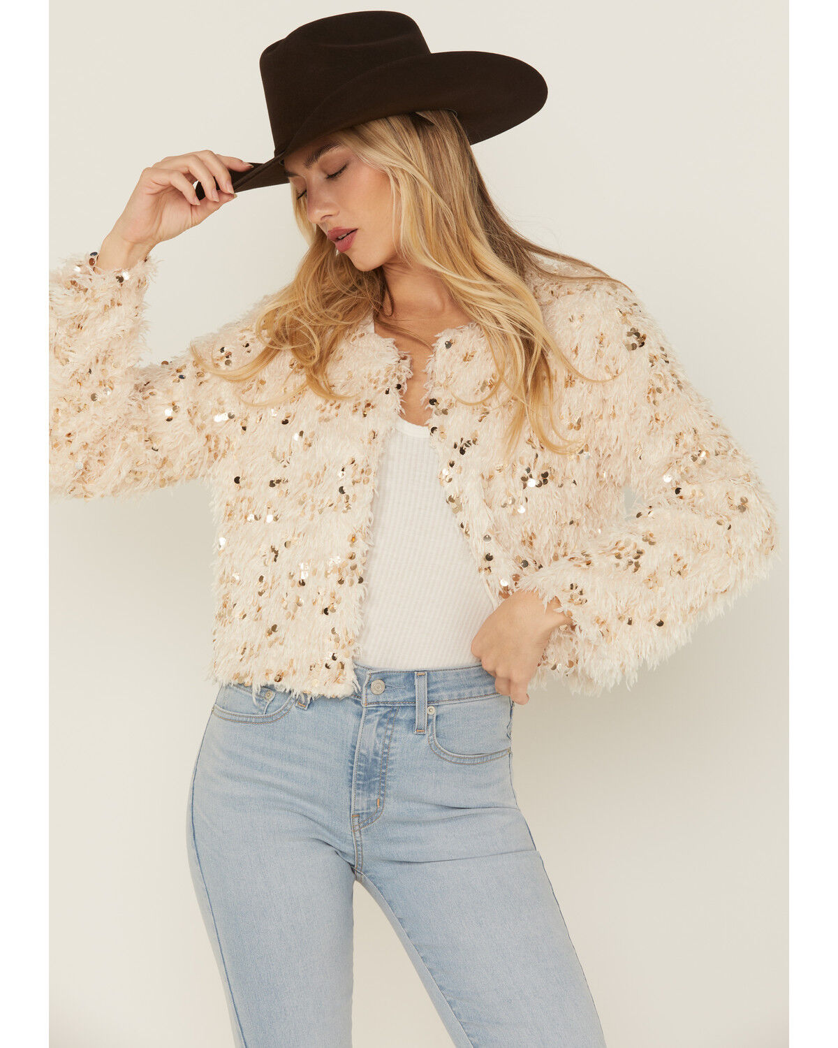 Image #1 - Skies are Blue Women's Feathered Cropped Jacket, Cream, hi-res
