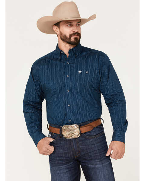 Ariat Men's Relentless Skillful Stretch Geo Print Button-Down Western Shirt , Dark Blue, hi-res