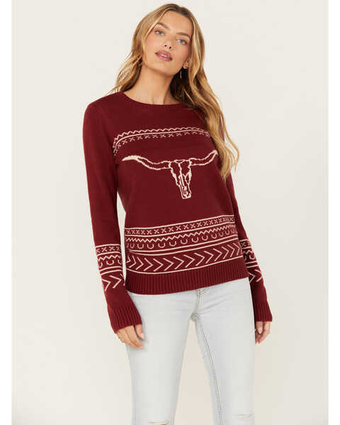 Cotton & Rye Women's Long Horn Sweater , Wine, hi-res