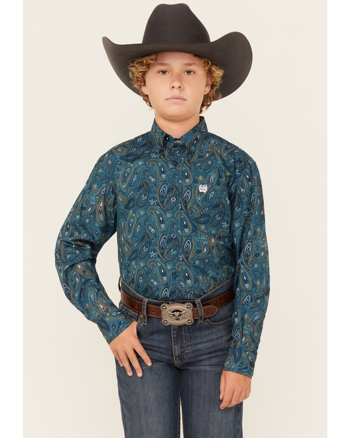 Image #1 - Cinch Boys' Paisley Print Long Sleeve Button-Down Western Shirt, Blue, hi-res