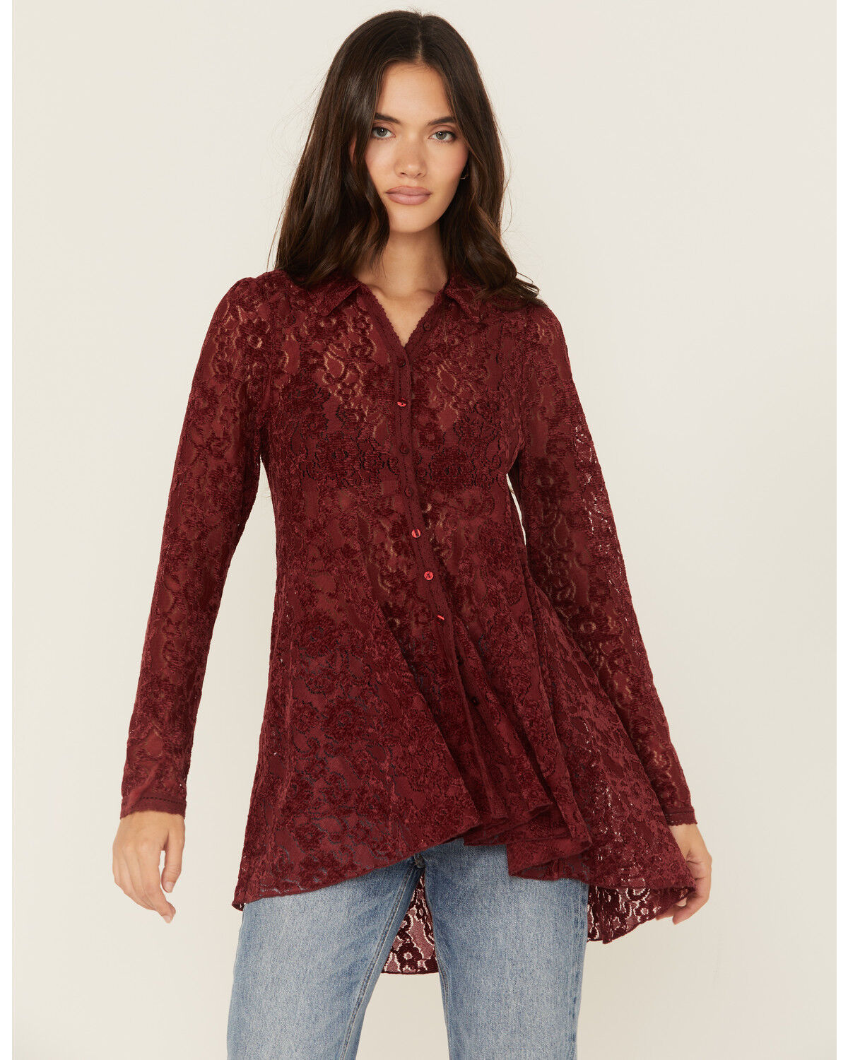 Image #1 - Beyond The Radar Women's Velvet Lace Long Sleeve Tunic, Burgundy, hi-res
