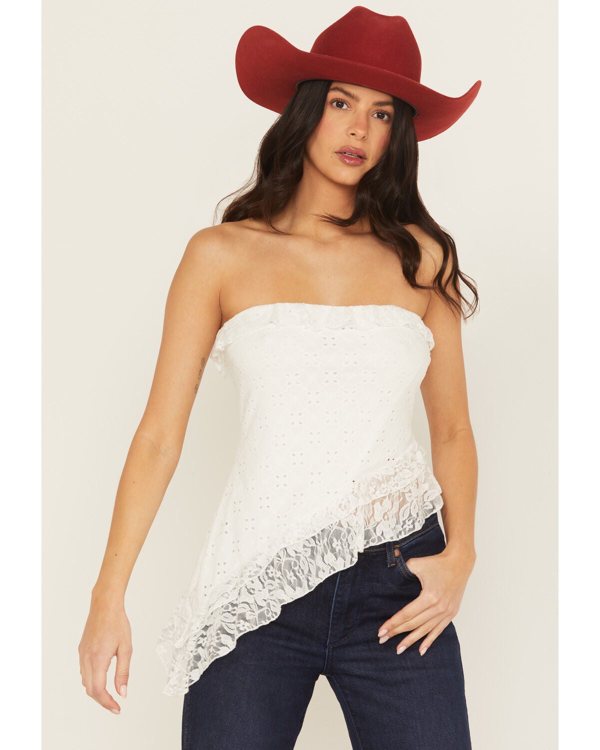 Shyanne Women's Eyelet Asymmetrical Strapless Top, White, hi-res