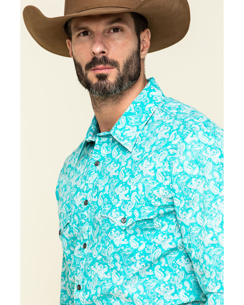 Rock & Roll Denim Men's Turquoise Paisley Print Long Sleeve Western Shirt , Teal, hi-res