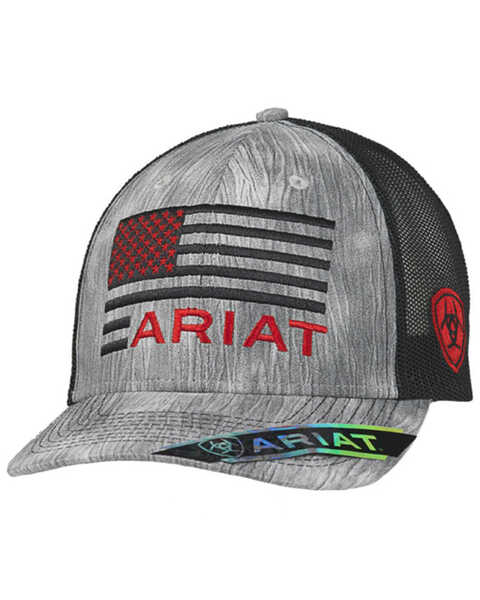 Ariat Men's Flag Shield Logo Mesh-Back Ball Cap , Grey, hi-res
