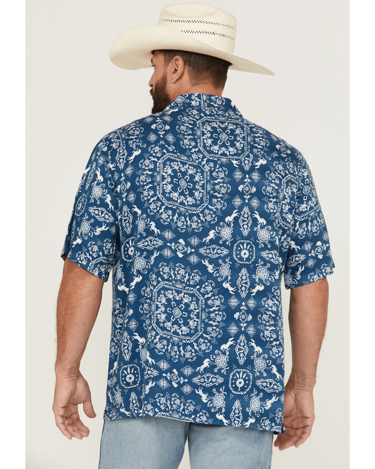 Image #4 - Wrangler Men's Western Print Short Sleeve Snap Western Shirt, Blue, hi-res