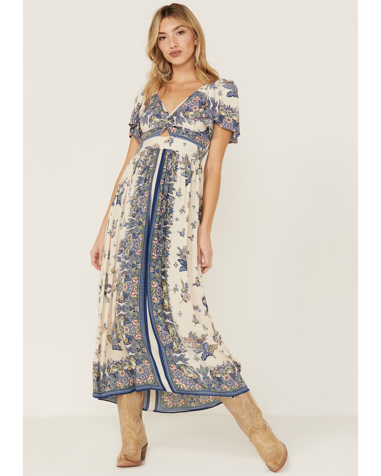 Angie Women's Floral Border Print Twist Knot Maxi Dress, Blue, hi-res