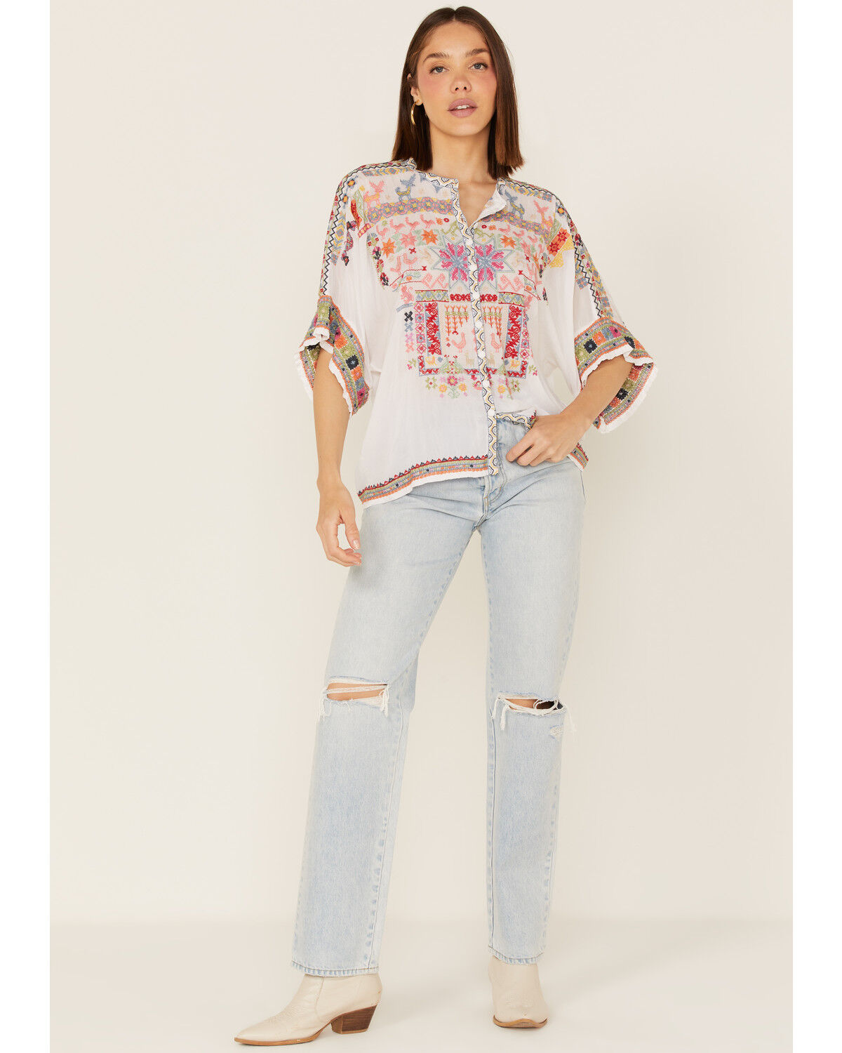 Image #2 - Johnny Was Women's Xylia Embroidered Wildlife & Floral Short Sleeve Blouse, White, hi-res
