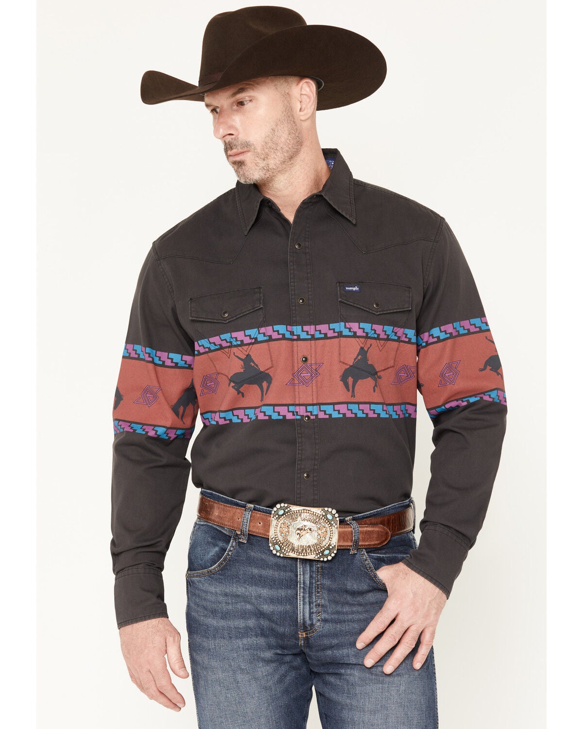 Image #1 - Wrangler Men's Horse Border Long Sleeve Snap Western Shirt, Black, hi-res