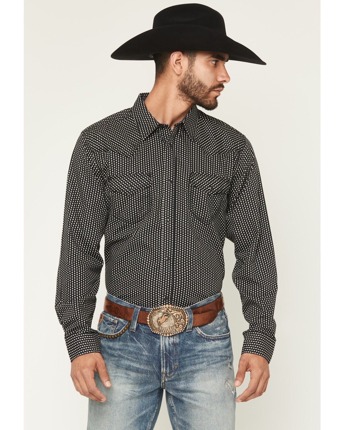 Moonshine Spirit&reg; Men's Side Stage Geo Print Long Sleeve Snap Western Shirt, Black, hi-res