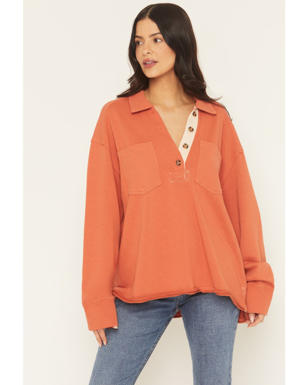 Cleo & Wolf Women's Solid French Terry Long Sleeve Quarter Button-Down Shirt, Orange, hi-res