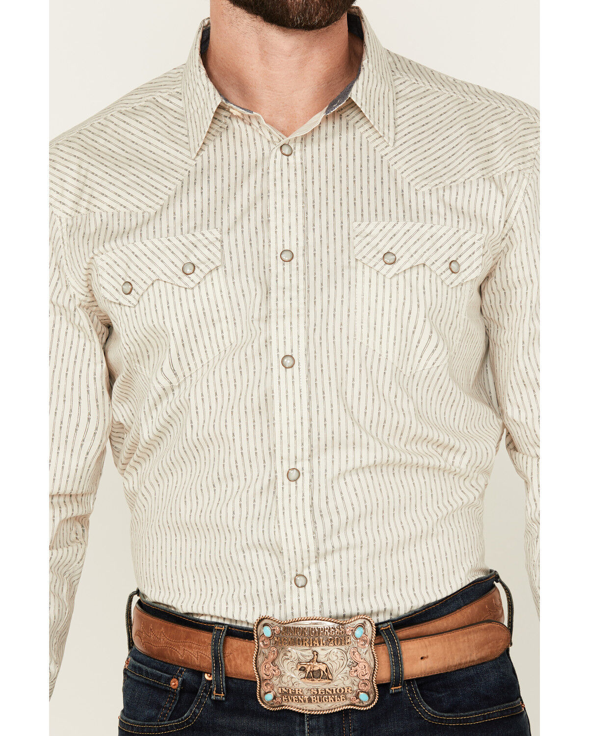 Image #3 - Cody James Men's Rex Striped Long Sleeve Snap Western Shirt, Cream, hi-res