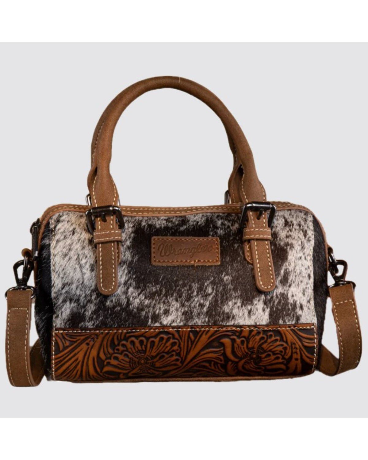 Image #1 - Wrangler Women's Genuine Cowhide Tooled Barrel Crossbody Bag, Brown, hi-res