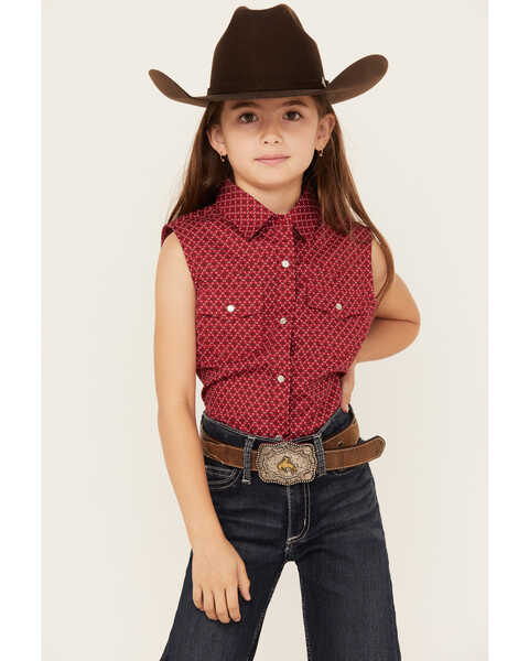 Ely Walker Girls' Geo Print Sleeveless Pearl Snap Western Shirt, Red, hi-res
