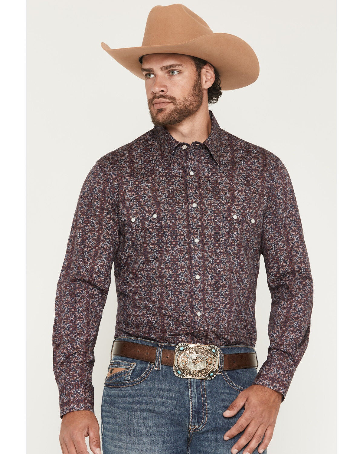 Rock & Roll Denim Men's Bootstitch Long Sleeve Snap Stretch Western Shirt, Burgundy, hi-res