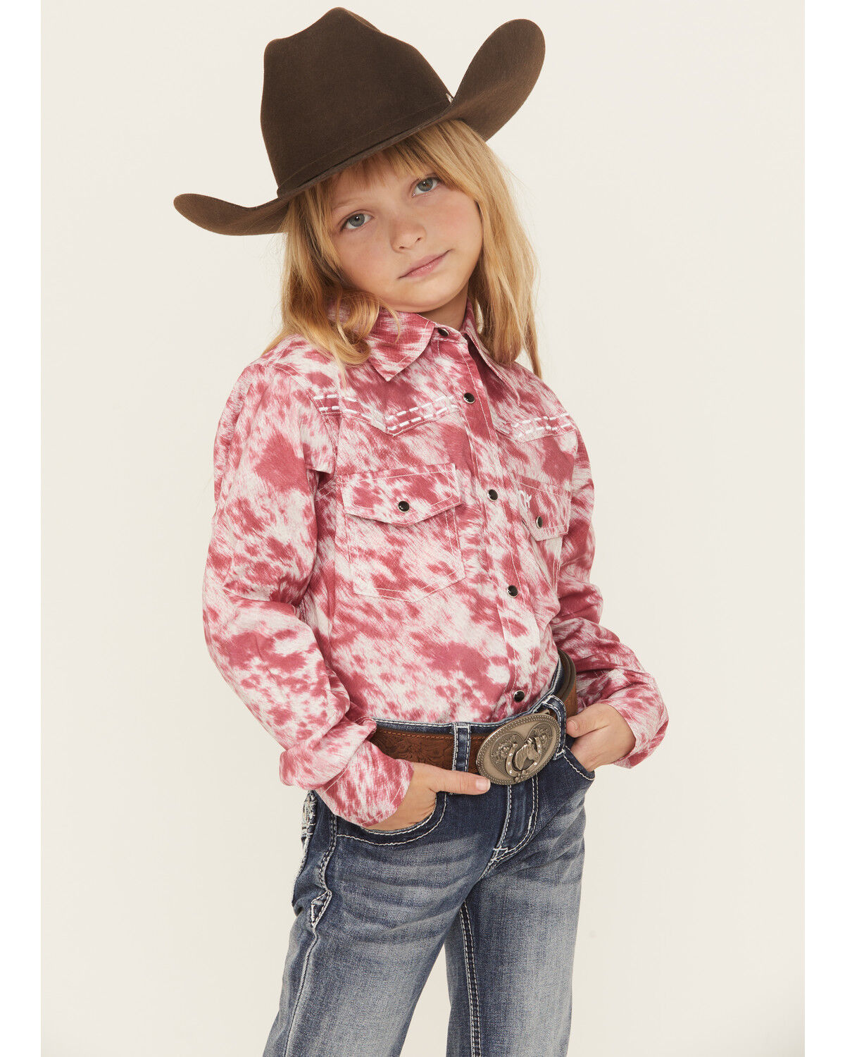 Image #1 - Cowgirl Hardware Girls' Cowhide Print Long Sleeve Snap Stretch Western Shirt, Pink, hi-res