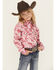 Image #1 - Cowgirl Hardware Girls' Cowhide Print Long Sleeve Snap Stretch Western Shirt, Pink, hi-res