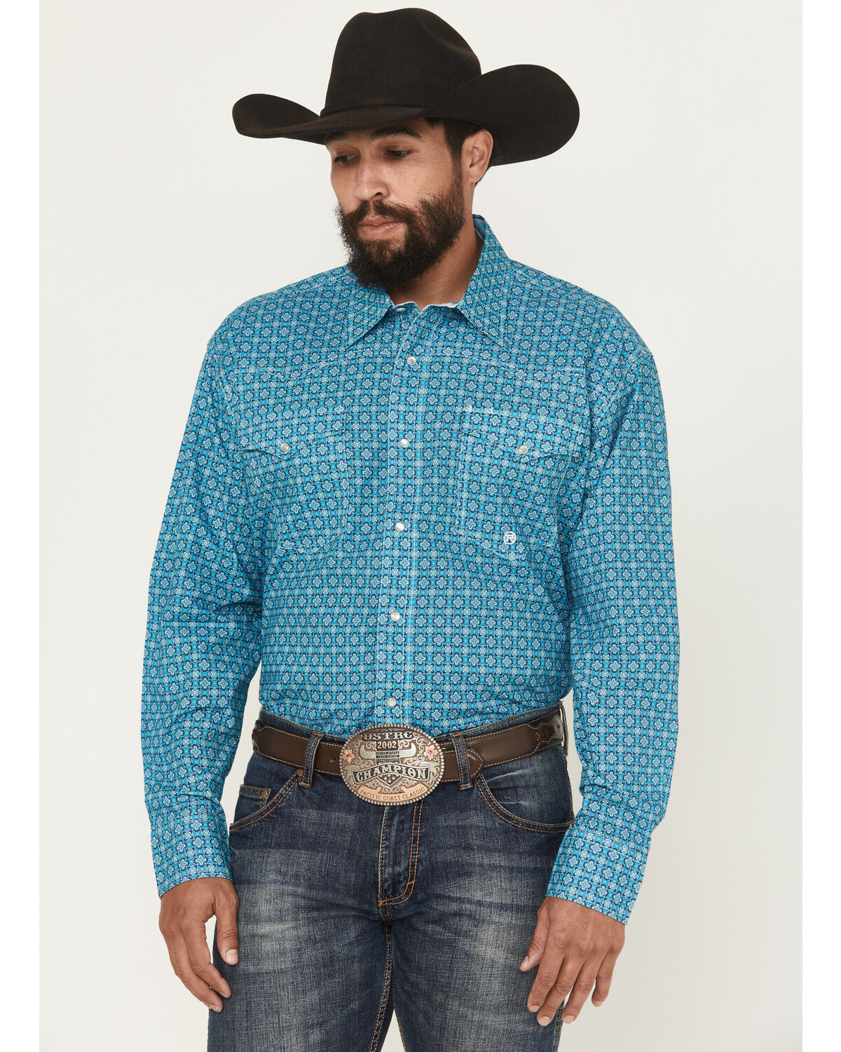 Image #1 - Roper Men's Amarillo Geo Print Long Sleeve Pearl Snap Western Shirt, Teal, hi-res