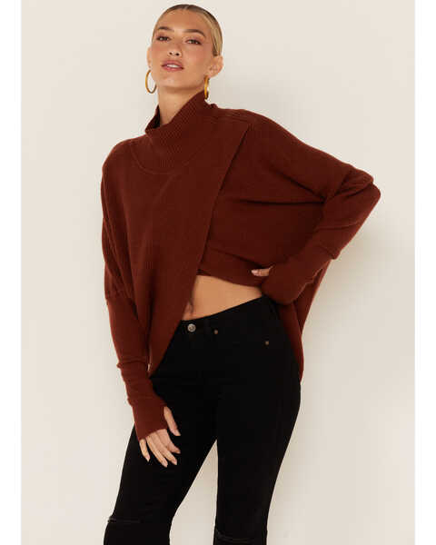 Revel Women's Mockneck Wrap Sweater, Rust Copper, hi-res