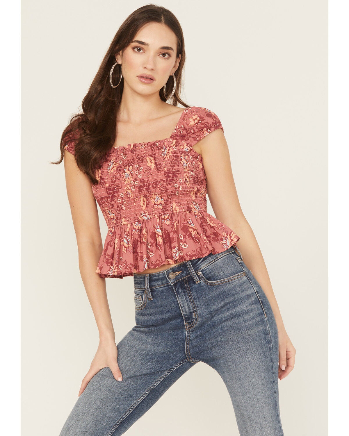Rock & Roll Denim Women's Floral Print Sleeveless Smocked Top, Mauve, hi-res