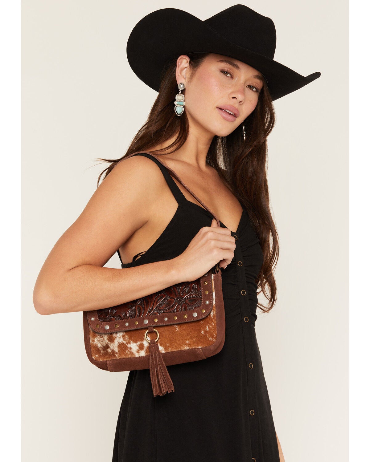 Shyanne Women's Sable Hair-On Tooled Shoulder Bag, Brown, hi-res