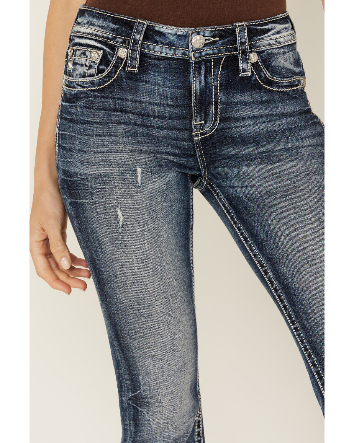 Image #4 - Miss Me Women's Dark Wash Embellished Flap Pocket Mid Rise Bootcut Stretch Denim Jeans, , hi-res