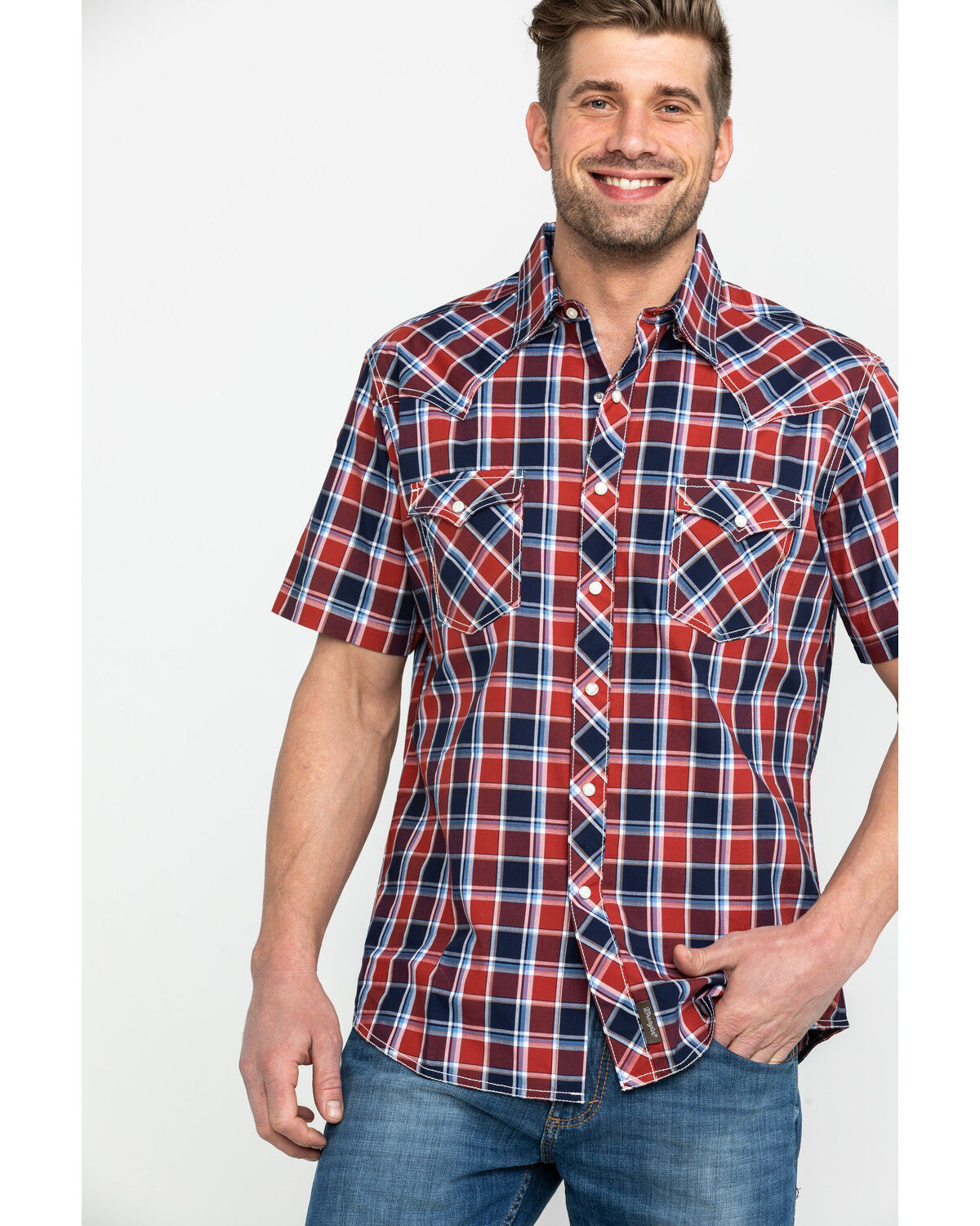 Image #5 - Wrangler Retro Men's Premium Plaid Print Short Sleeve Western Shirt, Navy, hi-res