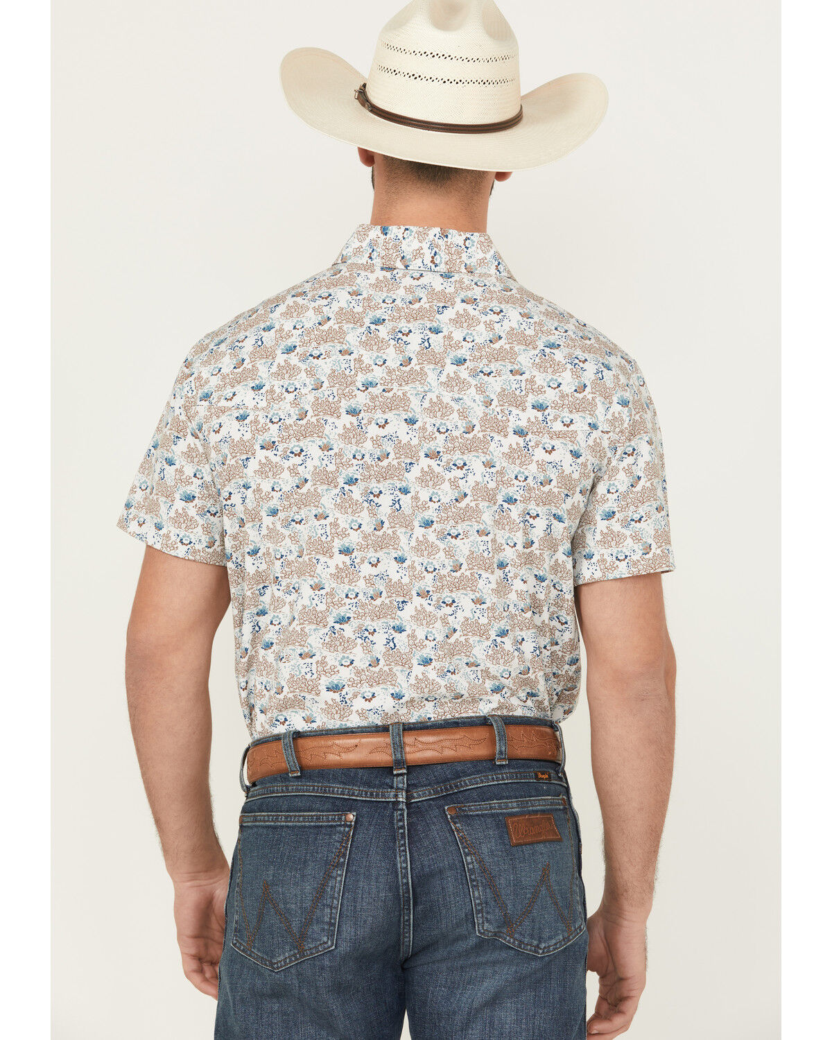 Image #4 - Panhandle Men's Cactus Print Short Sleeve Snap Western Shirt, Natural, hi-res