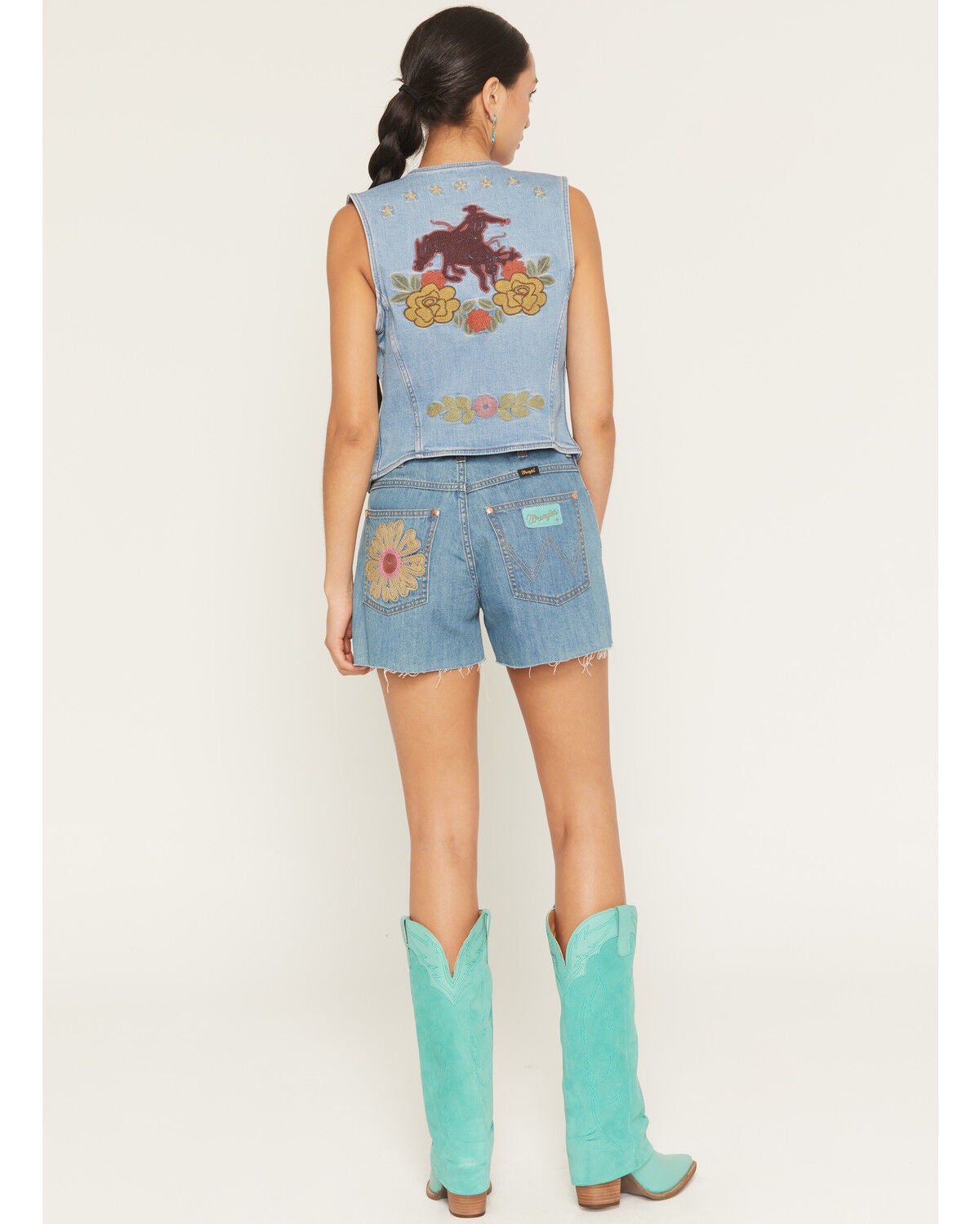 Image #3 - Wrangler X Lainey Wilson Women's Medium Wash High Rise Cowboy Embroidered Denim Shorts, Medium Wash, hi-res