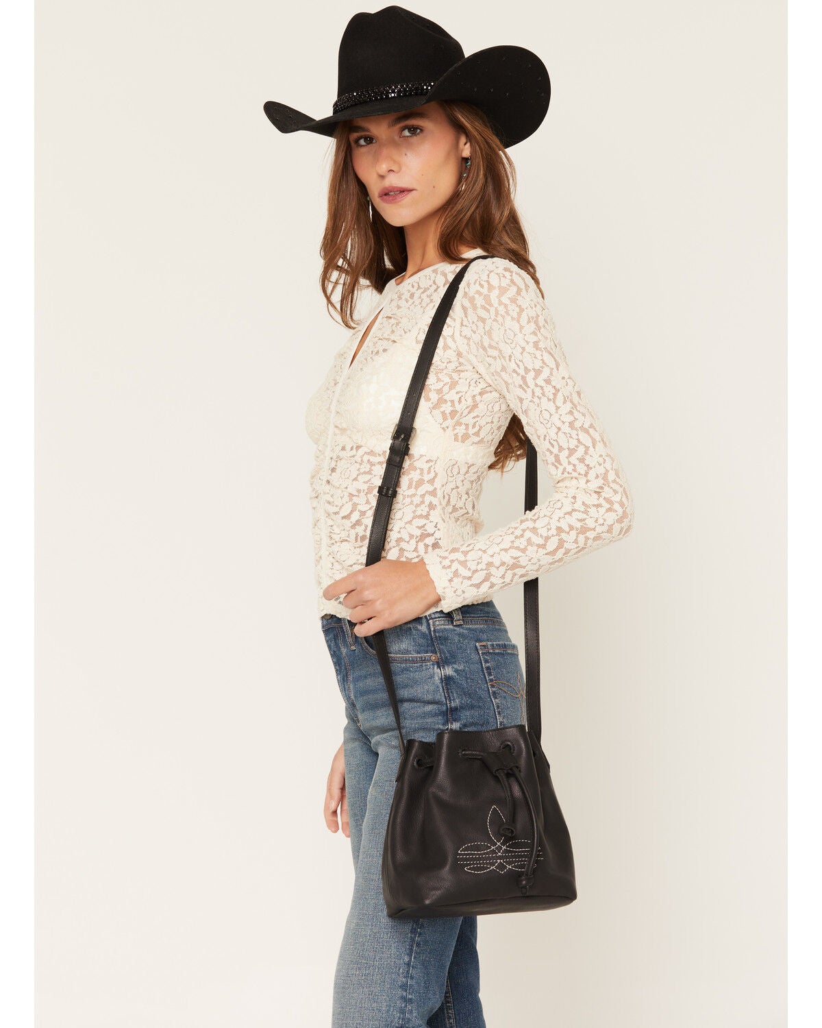 Shyanne Women's Bootstitch Crossbody Bucket Bag, Black, hi-res