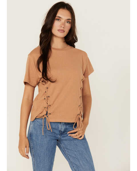 Blended Women's Side Lace-Up Short Sleeve Tee , Brown, hi-res
